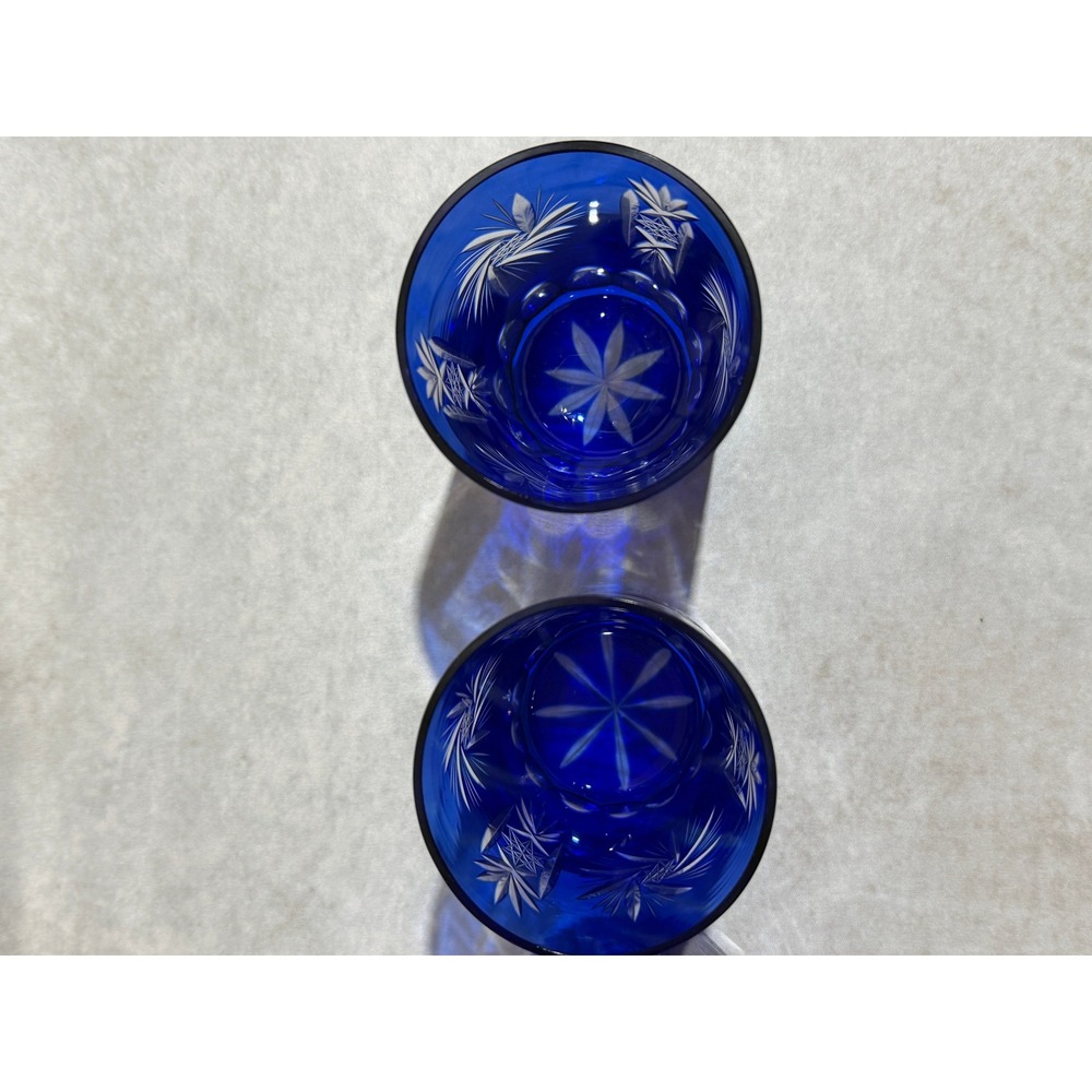 Vintage Bohemian Czech Cobalt Blue Cut to Clear Glass Pitcher and 4 Tumbler Set - Picture 16 of 16